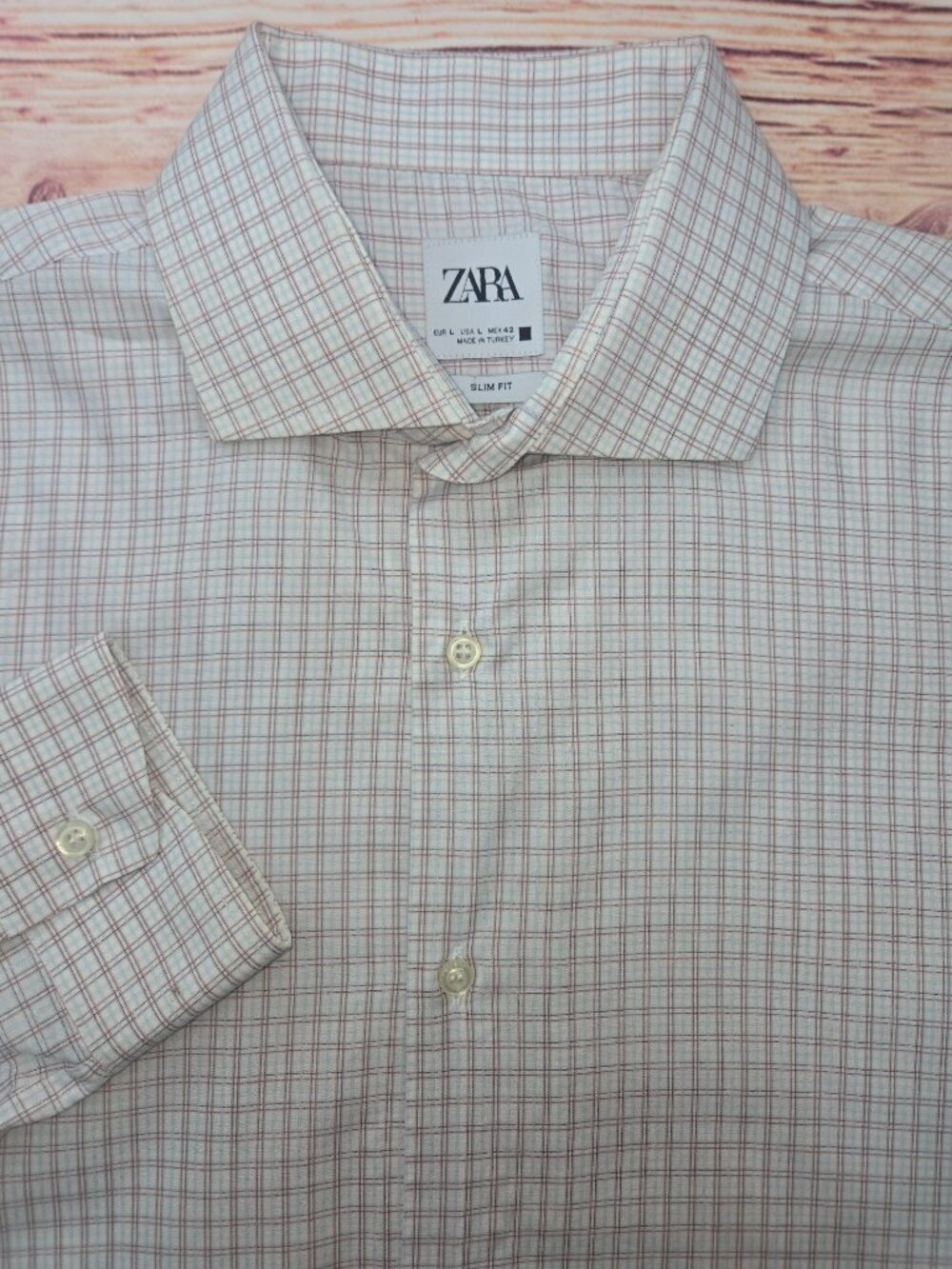 Zara Mens Slim Fit Long Sleeve Beige Plaid Shirt Large